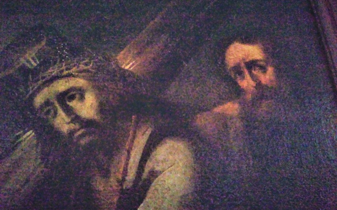 Cristo cargando con la cruz con Jerusalén al fondo